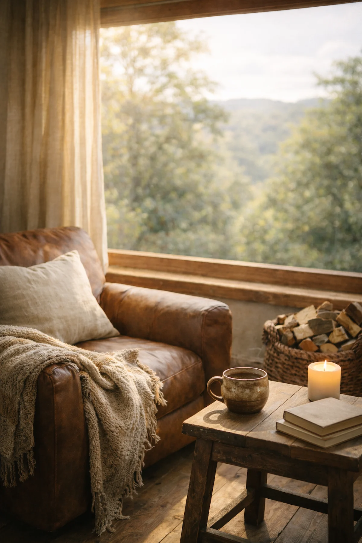 Peaceful warm inviting cosy chair by the window with soft sunlight