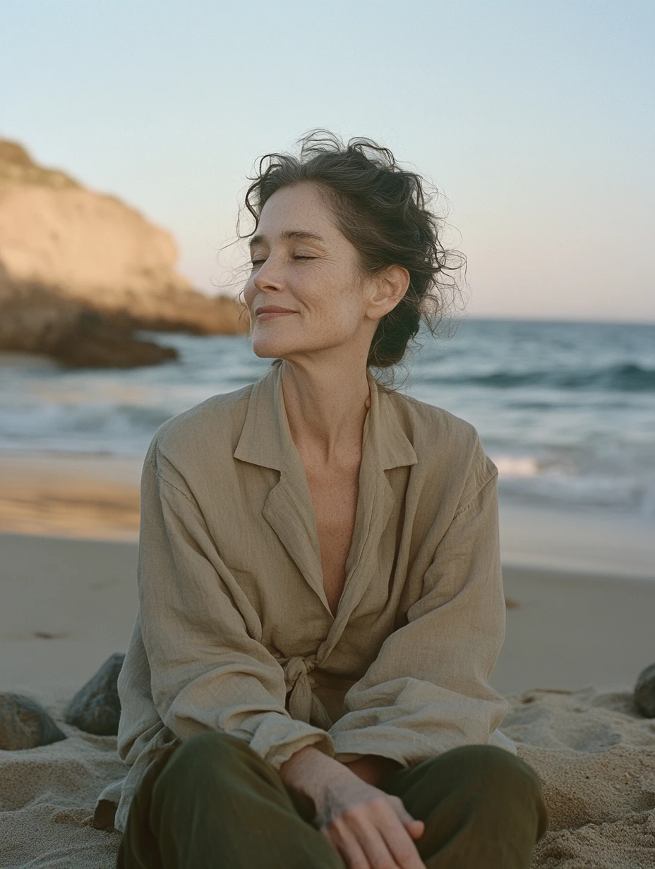 Woman sitting by the ocean looking peaceful and content